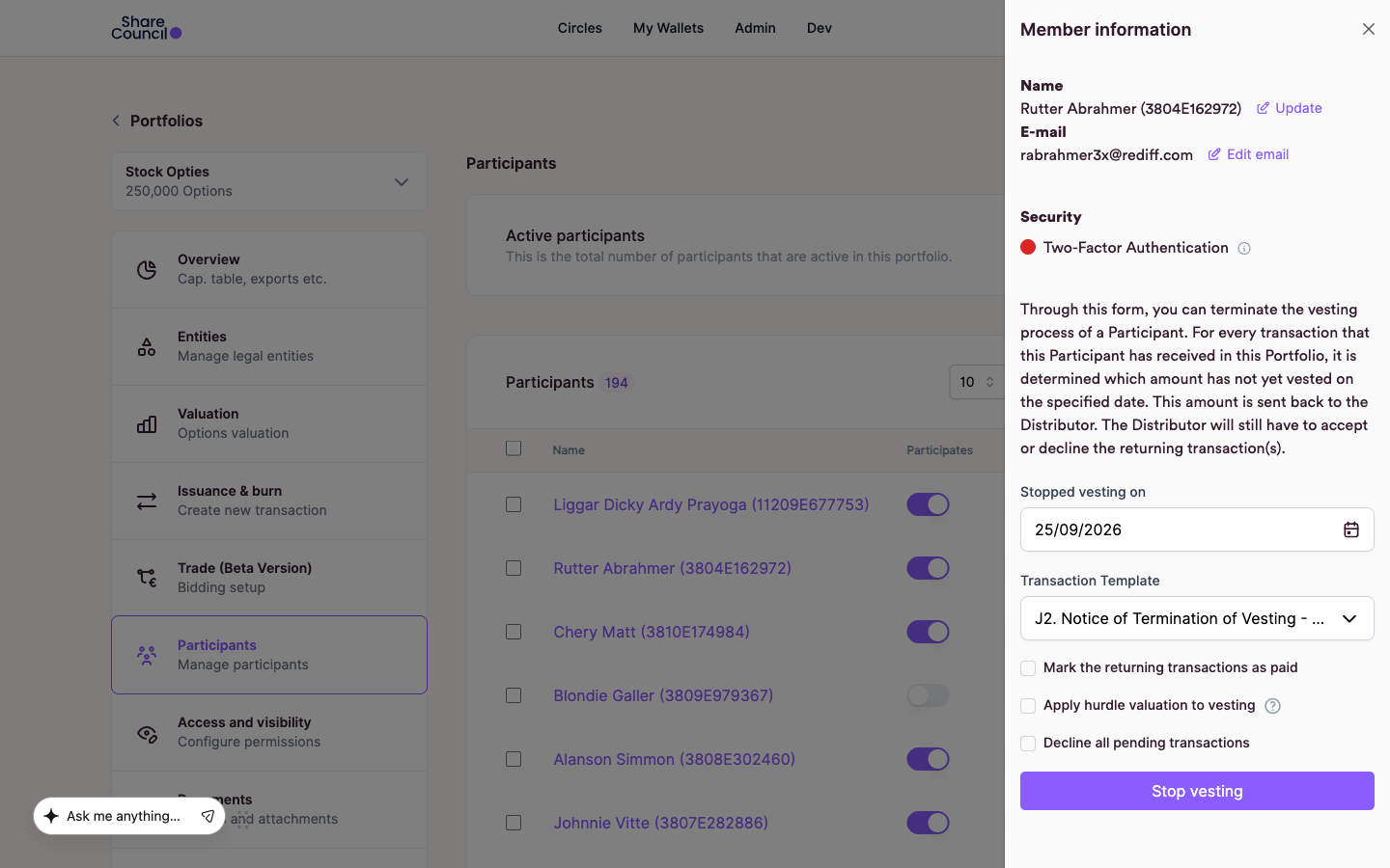 Member information panel with the stop vesting form below the participant's profile