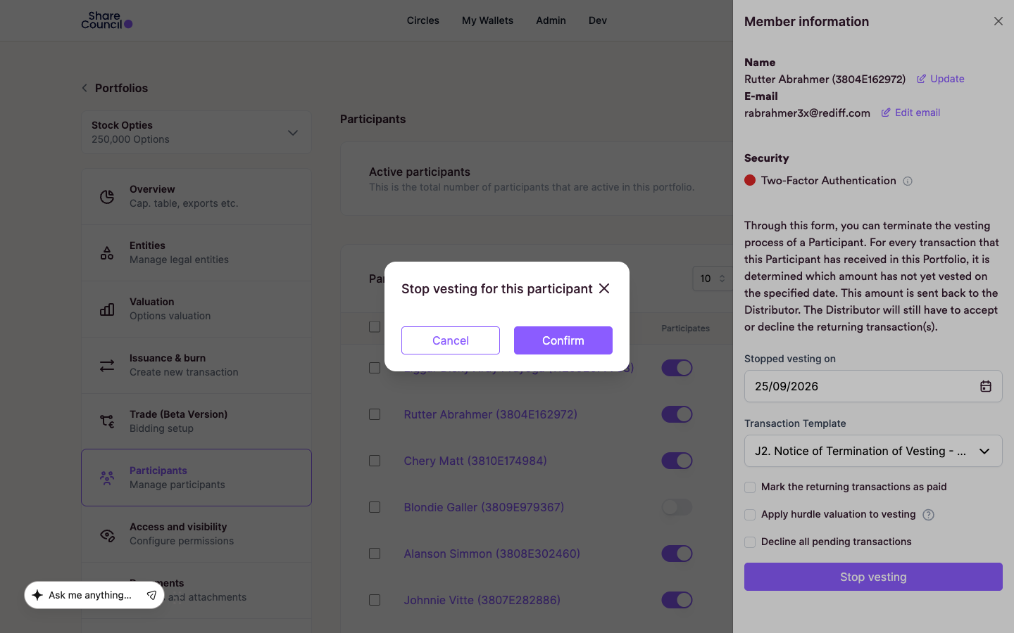 Confirmation window titled Stop vesting for this participant with the confirm button
