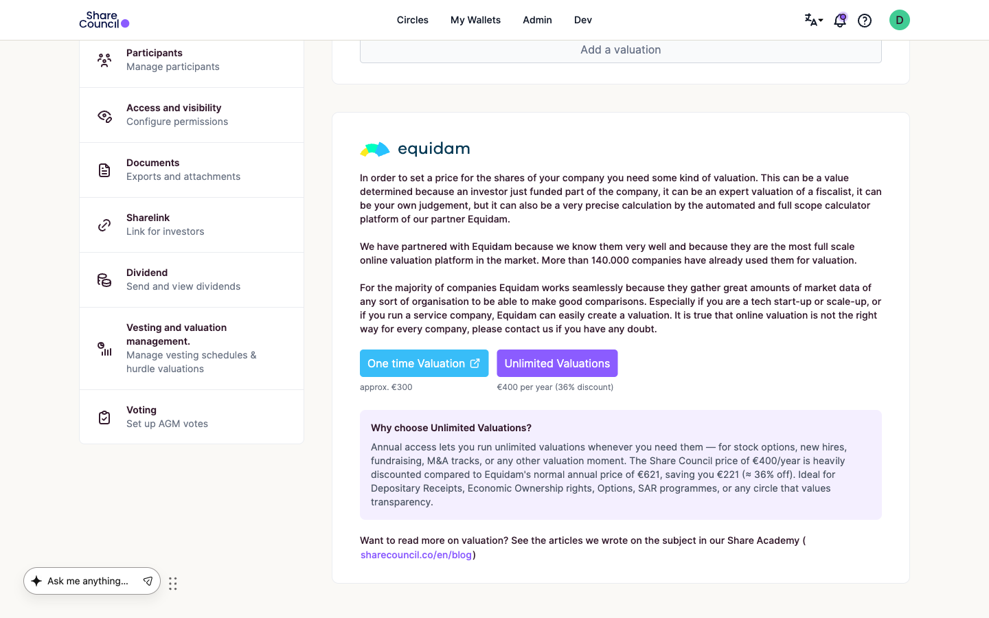 Valuation tab showing the Equidam card with the One time Valuation and Unlimited Valuations buttons