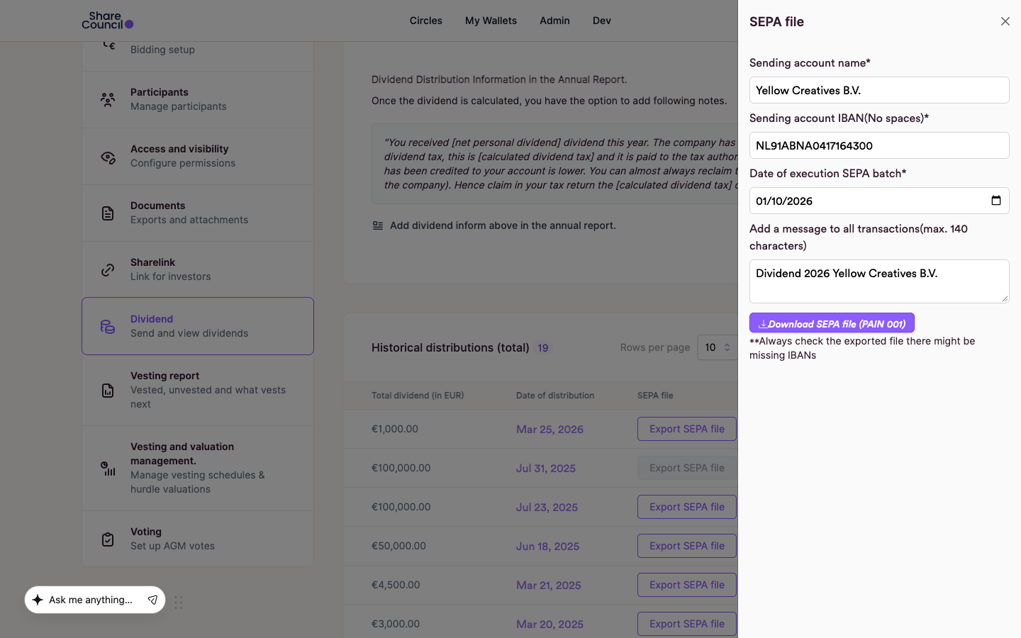 SEPA file panel with sending account name, IBAN, execution date and payment description filled in